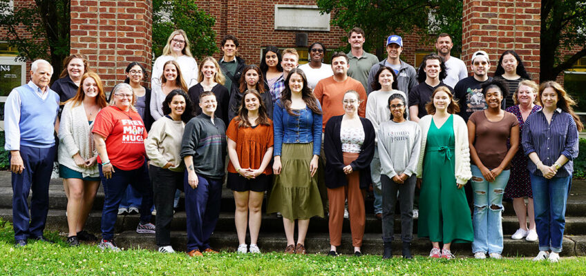 Middle Tennessee State University faculty member David Foote, far left, professor of management in the Jones College of Business and co founder of MTSU’s Institute of Leadership Excellence, takes a group photo with the institute’s Class of 2026 outside the Paul W. Martin Sr. Honors Building on campus .