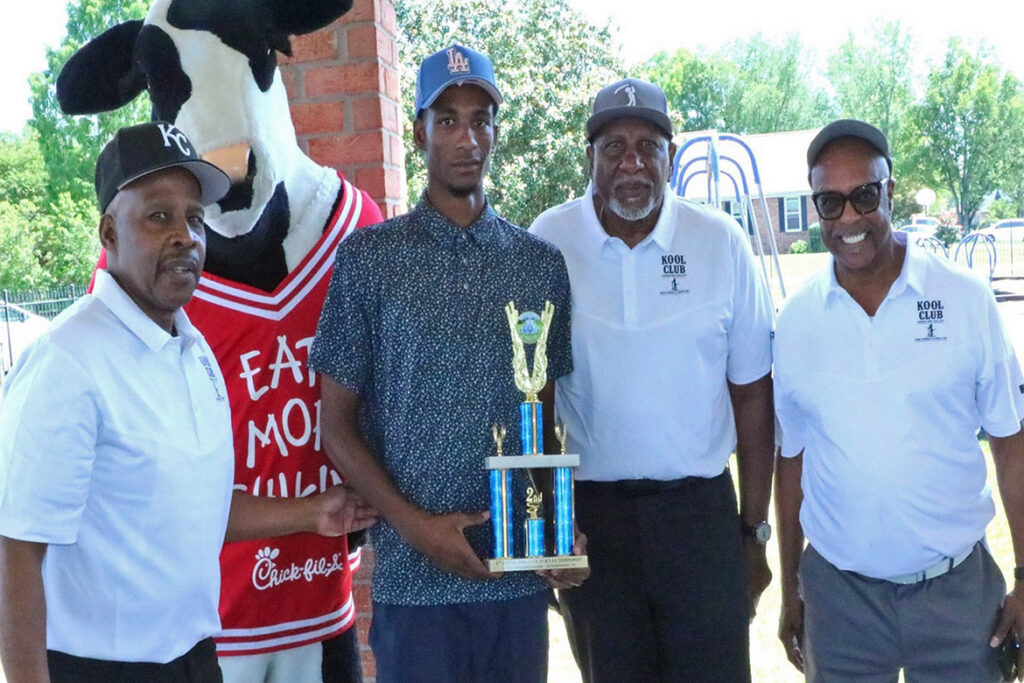 Pictured, second from left holding his second-place trophy, is Jakara Dula at the KOOL Club’s second Kenneth L. Toney Golf Tournament held in mid-May at Indian Hills Golf Course in Murfreesboro, Tenn. Also pictured, from left, our club Vice President Ed Cooper, club member Alvin Boyd, and club President Tony Grimes. Pictured back left is the mascot for tournament food sponsor Chick-fil-A. Not pictured are fellow second-place winners Sleepy Taylor, Jimmy Powell and Sam Burrell. (Submitted photo)