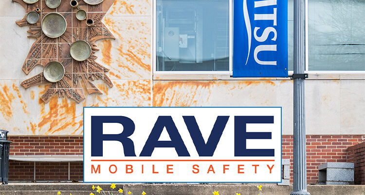 Exterior shot of artwork on Todd Hall with MTSU banner on pole in foreground. Rave Mobile Safety logo overlaid at bottom.