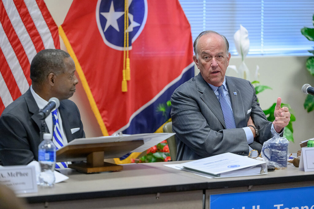 Stephen B. Smith, right, chairman of the Middle Tennessee State University Board of Trustees, makes a point during the board’s quarterly meeting on Tuesday, June 16, 2026, at the Miller Education Center on campus in Murfreesboro, Tenn. Looking on, at left, is MTSU President Sidney A. McPhee. (MTSU photo by Andy Heidt)