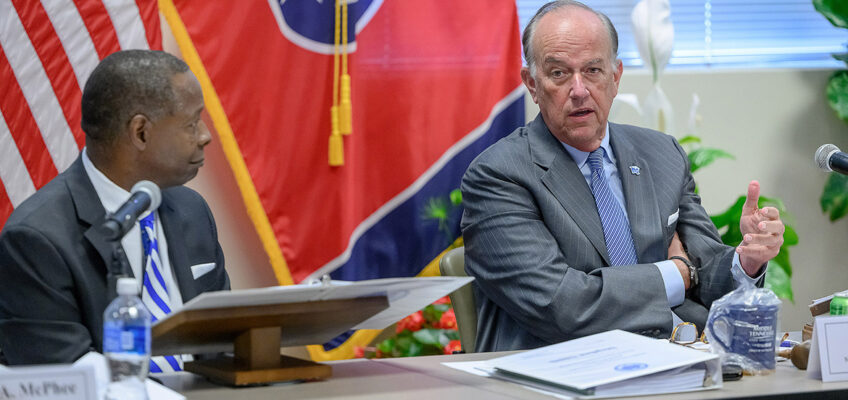 Stephen B. Smith, right, chairman of the Middle Tennessee State University Board of Trustees, makes a point during the board’s quarterly meeting on Tuesday, June 16, 2026, at the Miller Education Center on campus in Murfreesboro, Tenn. Looking on, at left, is MTSU President Sidney A. McPhee. (MTSU photo by Andy Heidt)