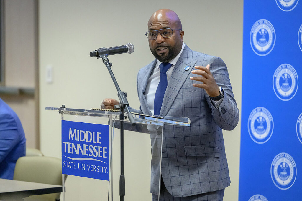 James Bridgeforth addresses the Middle Tennessee State University Board of Trustees following his appointment as the new vice president for student affairs and dean of students during the board’s quarterly meeting on Tuesday, June 16, 2026, at the Miller Education Center on campus in Murfreesboro, Tenn. Bridgeforth, currently assistant vice president at Virginia Tech, will begin at MTSU on July 1. (MTSU photo by Andy Heidt)