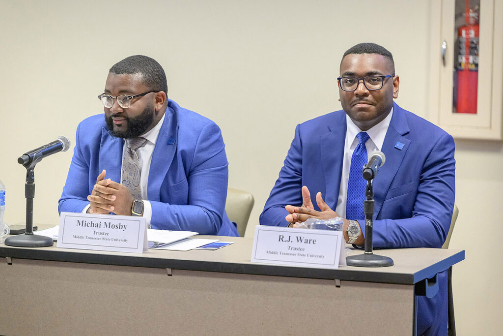 Michai Mosby, left, outgoing student trustee for the Middle Tennessee State University Board of Trustees, and R.J. Ware, incoming student trustee, who was approved for appointment during the board’s quarterly meeting on Tuesday, June 16, 2026, at the Miller Education Center on campus in Murfreesboro, Tenn. Both recently served as president of the MTSU Student Government Association. (MTSU photo by Andy Heidt)