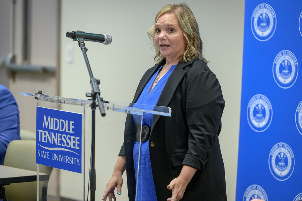 Cynthia Ray addresses the Middle Tennessee State University Board of Trustees following her appointment as the university’s chief audit executive. Now director of internal audit at Motlow State Community College, Ray previously served as an auditor at MTSU for 17 years and begins her new role July 1. (MTSU photo by Andy Heidt)