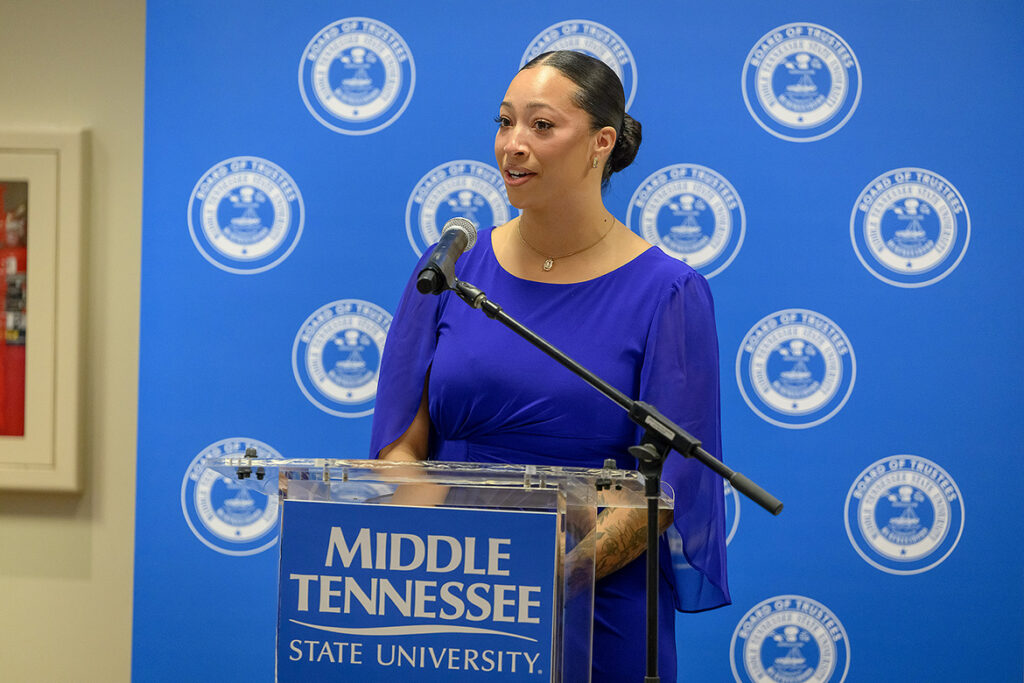 Middle Tennessee State University student veteran Chastody “Kearra” Mullinax addresses the Board of Trustees at the beginning of the board’s quarterly meeting held Tuesday, June 16, 2026, at the Miller Education Center on campus in Murfreesboro, Tenn. The single mother, active-duty non-commissioned officer in the Tennessee Army National Guard and full-time student thanked the board for its support of the Daniels Veterans Center. (MTSU photo by Andy Heidt)