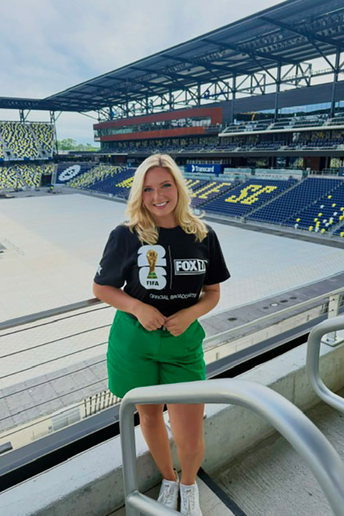 School of Journalism and Strategic Media senior Kendal Davis is completing a 10-week internship at Fox 17 Nashville in Nashville, Tenn. A highlight of her time at Fox 17 Nashville was helping cover the FIFA World Cup Watch Party at GEODIS Park. (Photo submitted)