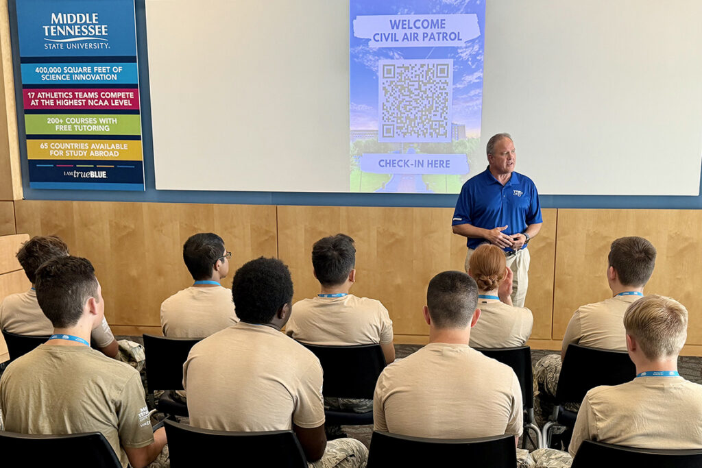 Peter Grandjean, dean of the College of Behavioral and Health Sciences at Middle Tennessee State University in Murfreesboro, Tenn., addresses Civil Air Patrol cadets in the U.S. Air Force Auxiliary’s National Cadet Engineering Technology Academy before they go on a campus tour. This year’s academy was held July 18-25, 2026. (MTSU Photo by James Cessna)