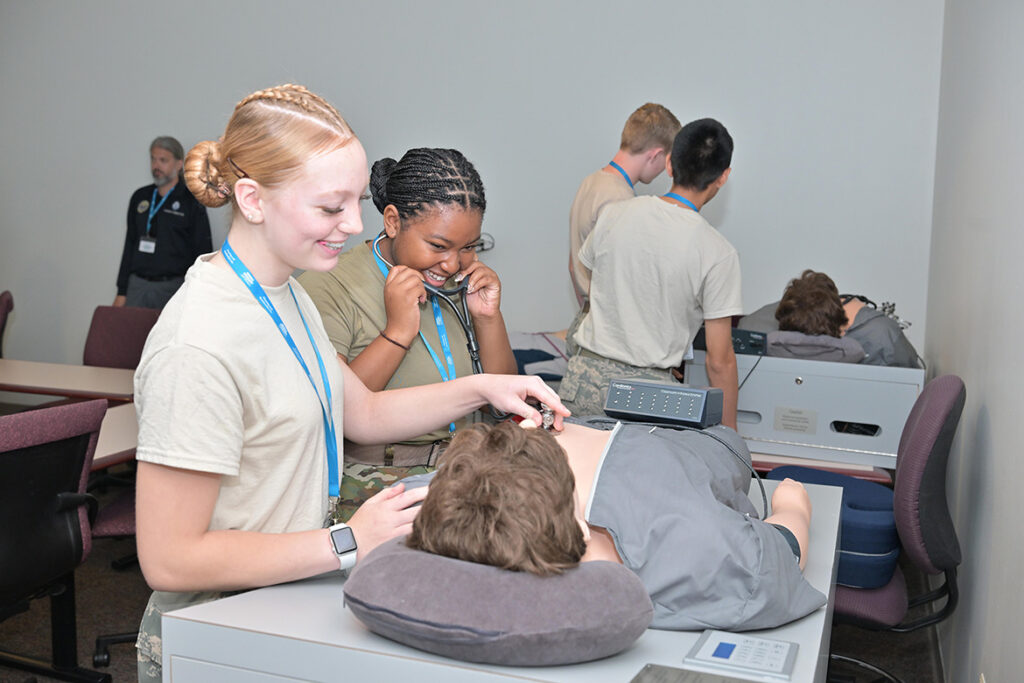 Civil Air Patrol cadets in the U.S. Air Force Auxiliary’s National Cadet Engineering Technology Academy held July 18-25, 2026, at Middle Tennessee State University in Murfreesboro, Tenn., use patient simulators to conduct drills in the School of Nursing in the College of Behavioral Sciences. (MTSU Photo by James Cessna)