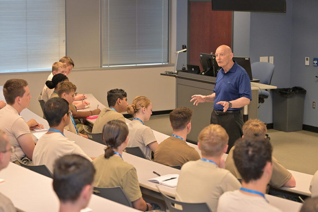 Retired Army Lt. Gen. Keith Huber, Middle Tennessee State University’s senior adviser for veterans and leadership initiatives, conducts a leadership seminar for Civil Air Patrol cadets in the U.S. Air Force Auxiliary’s National Cadet Engineering Technology Academy held July 18-25, 2026, held July 18-25, 2026, at MTSU in Murfreesboro, Tenn. (MTSU Photo by James Cessna)
