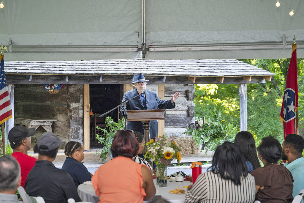 Tennessee State Historian Carroll Van West, who retired in June 2026 as director of the Center for Historic Preservation at Middle Tennessee State University in Murfreesboro, Tenn., talks with a crowd assembled June 2 at the Tennessee Agricultural Museum in Nashville to commemorate his newly released book, “Tennessee's Frontier Century Farms: An Enduring Legacy of Family, Farming, and Community,” and the preservation program that recognizes farms that have remained in continuous family ownership and agricultural production for at least 100 consecutive years. (Submitted photo)