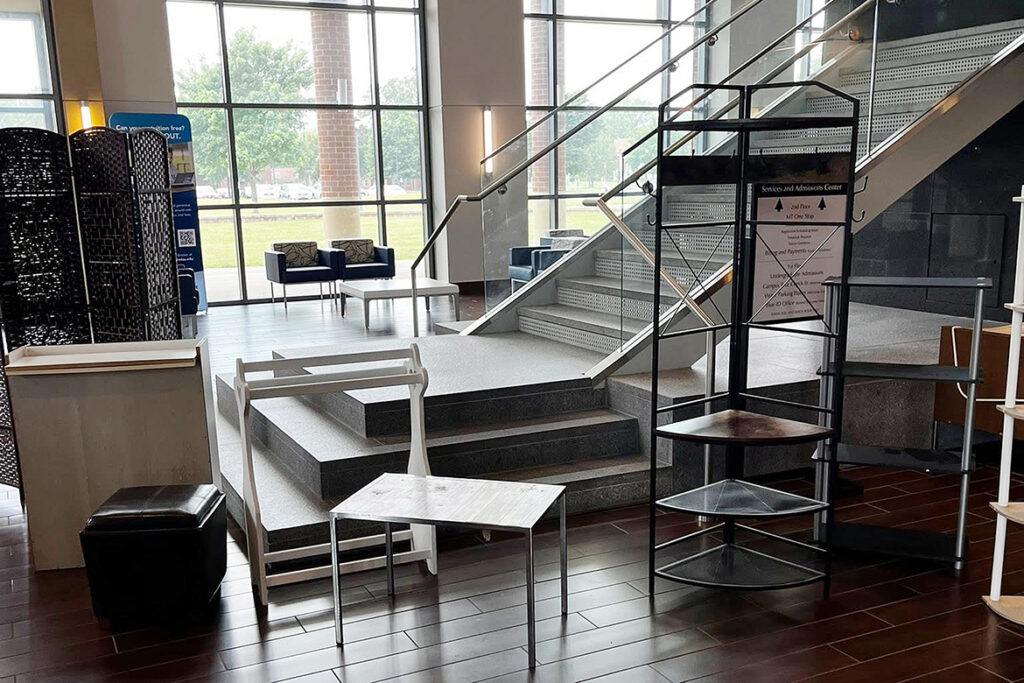 Small furniture items like side tables and storage shelves are up for grabs in the Services and Admissions Center at Middle Tennessee State University in Murfreesboro, Tenn., during the 2025 Free Cycle. Around 200 students took advantage of the no-cost marketplace to furnish their dorm rooms and apartments. Donations are now being accepted for the event, which is set for 10 a.m. to noon Saturday, Aug. 22. (MTSU file photo)