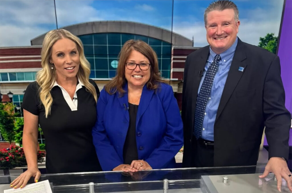 From left, WKRN-TV “Local on 2” host Stephanie Langston is shown on set with Middle Tennessee State University School of Music Director Jenny Snodgrass and Associate Director of Bands Bryan Braue during the Friday, July 31, 2026, “MTSU on 2” segment from WKRN’s studio in Nashville, Tenn. (Photo submitted)