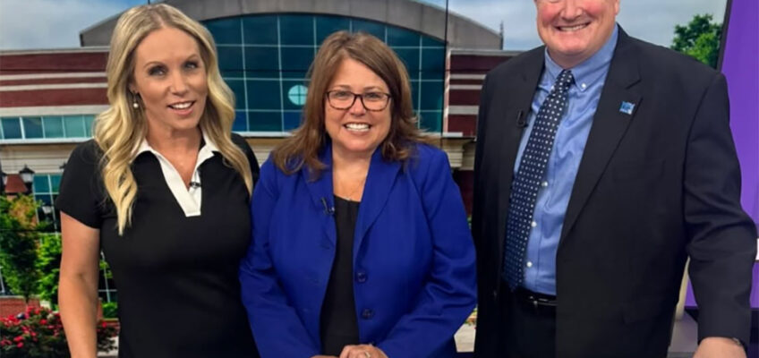 From left, WKRN-TV “Local on 2” host Stephanie Langston is shown on set with Middle Tennessee State University School of Music Director Jenny Snodgrass and Associate Director of Bands Bryan Braue during the Friday, July 31, 2026, “MTSU on 2” segment from WKRN’s studio in Nashville, Tenn. (Photo submitted)