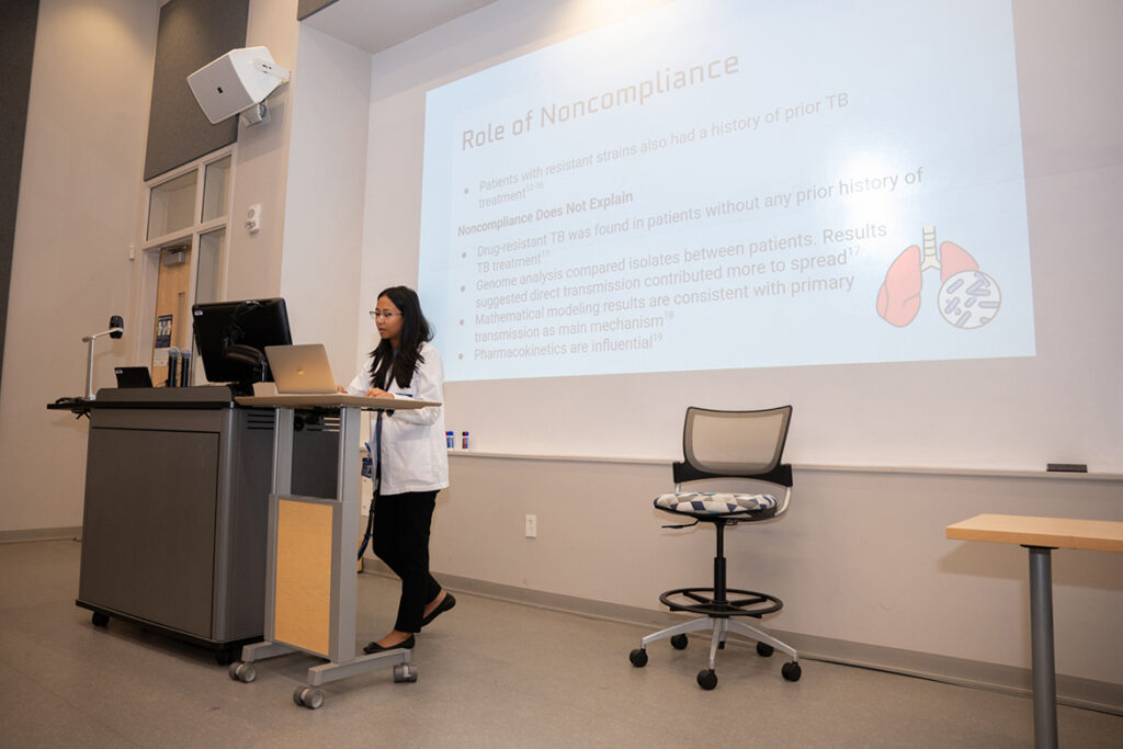 Middle Tennessee State University Physician Assistant Studies student Jasmine Laurel talks about the “Role of Noncompliance” as part of her capstone project at the 2025 Capstone and Poster Symposium held on campus last year in Murfreesboro, Tenn. Laurel earned her PA certification in 2025 and now works in the field. This year’s event is 11:30 a.m. to 4:30 p.m. Friday, July 31, in the Academic Classroom Building, 1751 MTSU Blvd. (MTSU file photo by James Cessna)