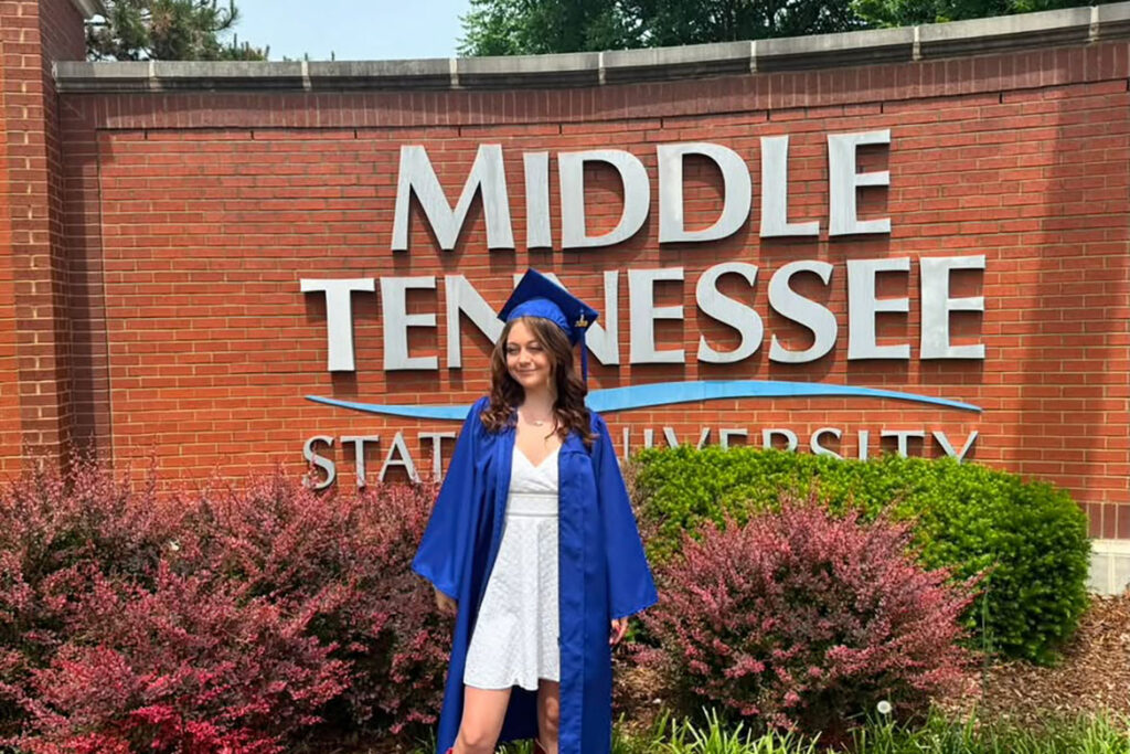 Seen here at the horseshoe in Walnut Grove at Middle Tennessee State University in Murfreesboro, Tenn., Ruby Grace Smith studied at MTSU as part of a one-year student exchange program from the University of Salford in Manchester, England. (Submitted photo)