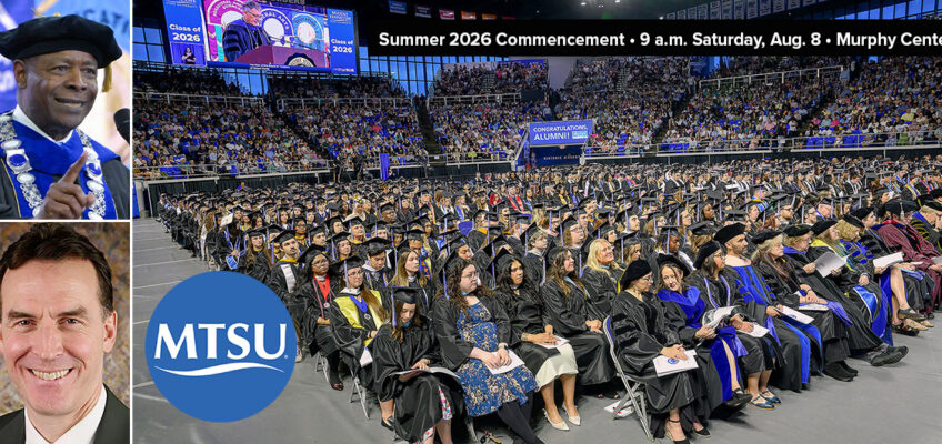 Hundreds of MTSU spring 2026 graduates sitting inside Murphy Center paired with headshots of President McPhee and professor Michael Federici with text of summer commencement date, time and location.
