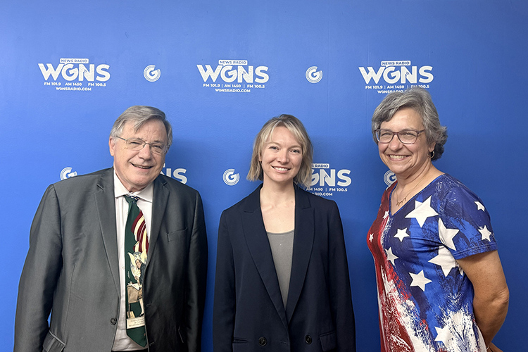 From left, John Vile, Honors College dean; Nancy Prescott, student engagement coordinator for the Honors College; and Amy Sayward, history professor, director of the American Democracy Project and co-leader of MTSU’s 250th celebration project, appear as guests on WGNS Radio’s Action Line program from the station’s studio in downtown Murfreesboro, Tenn. (MTSU photo by DeAnn Hays)