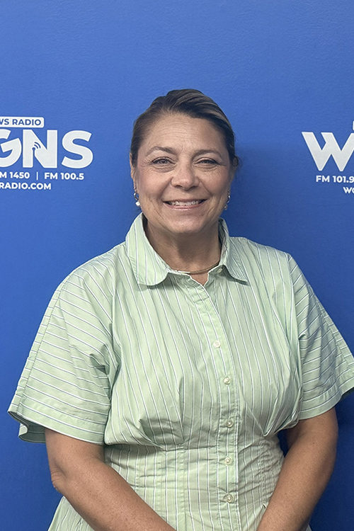 Gina Poff, director of New Student and Family Programs, appears June 15, 2026, as a guest on WGNS Radio’s Action Line program from the station’s studio in downtown Murfreesboro, Tenn., to discuss MTSU’s full summer of New to Blue Orientations to welcome incoming first-year and transfer students. (MTSU photo by DeAnn Hays)