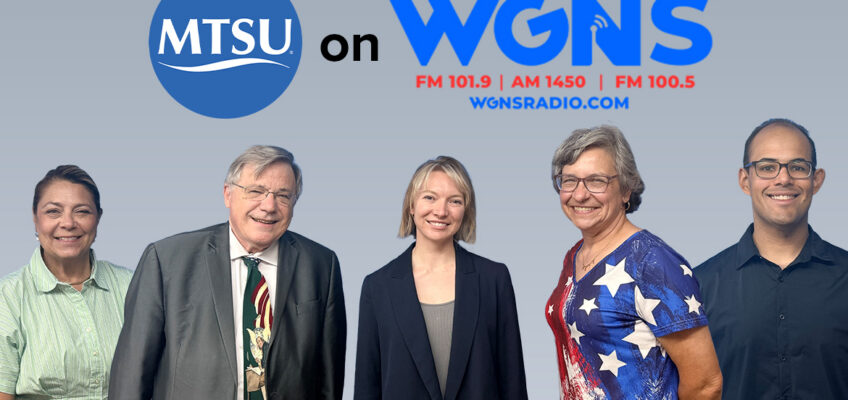 Five MTSU faculty and staff members with MTSU and WGNS logos above them.