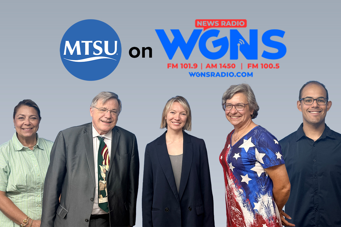Five MTSU faculty and staff members with MTSU and WGNS logos above them.