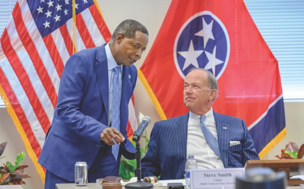 McPhee (left) and MTSU Board of Trustees Chair Stephen B. Smith