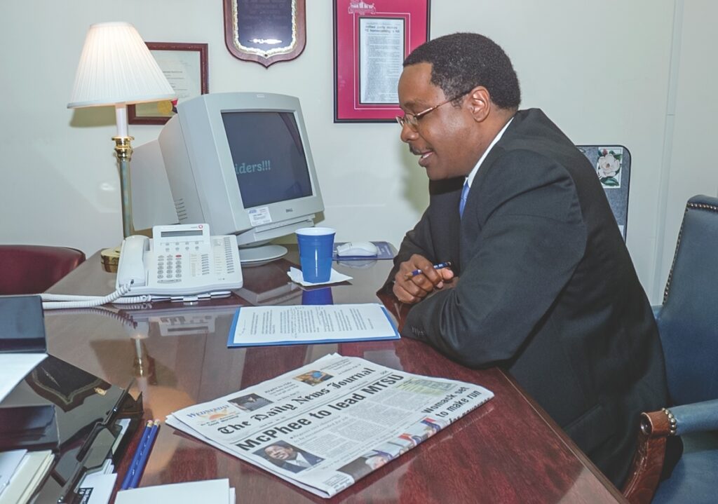 McPhee in summer 2001 after being announced as MTSU's next president