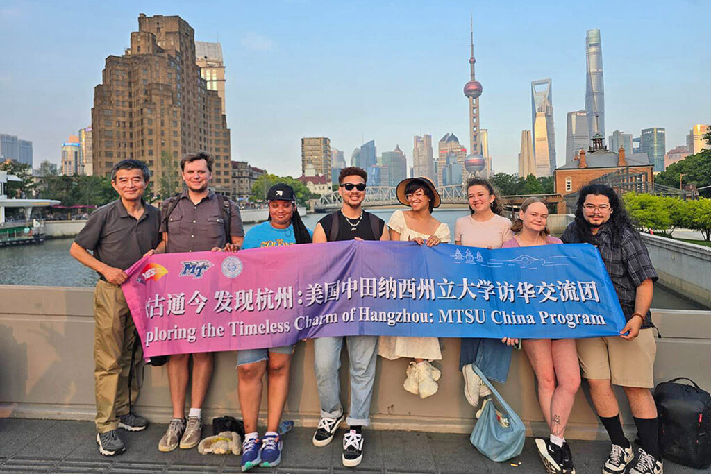 From left, Middle Tennessee State University professor of linguistics and Chinese Jun Da and students Benjamin Wiggins, Cassandra Dickson, Malia Harrell, Emma Turner, Kylin Smith, Alexis Meeks and Jackson Edwards visit Shanghai, China, during MTSU's faculty-led study abroad program over the summer that gave students firsthand experience with Chinese history, culture and contemporary society through immersive learning. (Submitted photo)