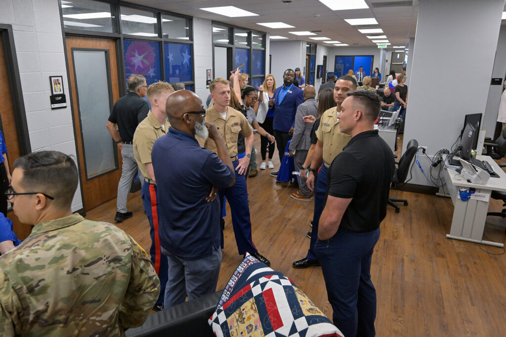 Supporters of the Charlie and Hazel Daniels Veterans and Military Family Center tour the recently renovated center on Wednesday, Aug. 5, 2026, at Middle Tennessee State University in Murfreesboro, Tenn., following a special ceremony in the Keathley University Theater. The Daniels Center is located in Room 124 on the first floor of the KUC. (MTSU Photo by Andy Heidt)