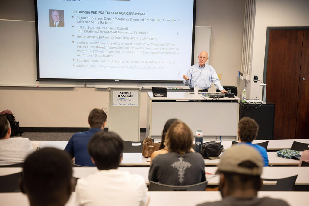 Ian Duncan, president-elect of the Society of Actuaries, gives a talk about artificial intelligence and its implications for health insurance during a two-day Actuarial Science Program event at Middle Tennessee State University in Murfreesboro, Tenn., that included the inaugural Actuarial Science High School Day. The event was held in the spring on campus. (MTSU photo by Andy Heidt)