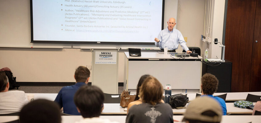 Ian Duncan, president-elect of the Society of Actuaries, gives a talk about artificial intelligence and its implications for health insurance during a two-day Actuarial Science Program event at Middle Tennessee State University in Murfreesboro, Tenn., that included the inaugural Actuarial Science High School Day. The event was held in the spring on campus. (MTSU photo by Andy Heidt)