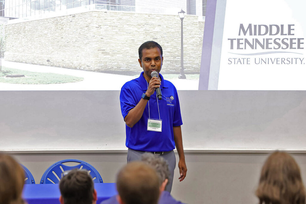 Vajira Manathunga, associate professor and director of MTSU’s Actuarial Science Program at Middle Tennessee State University in Murfreesboro, Tenn., speaks to a crowd gathered for the inaugural Actuarial Science High School Day held in the spring on campus. MTSU’s program has been designated by the internationally recognized Society of Actuaries as a Center of Actuarial Excellence, the organization’s highest level of recognition for institutions of higher learning. MTSU is one of only 45 universities worldwide and 24 in the United States to hold the designation. (MTSU photo by Carl Edmondson)