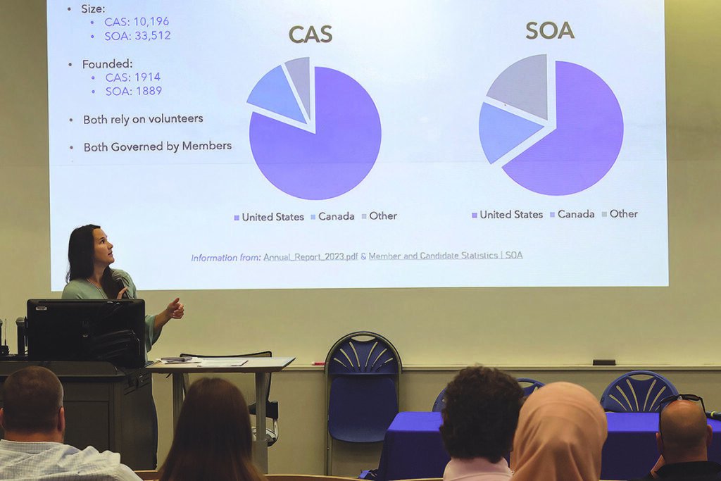 Sydney McIndoo, an actuary from CedarStone Actuarial, talks with students about the career at the inaugural Actuarial Science High School Day held at Middle Tennessee State University in Murfreesboro, Tenn., in the spring. (MTSU photo by Carl Edmondson)