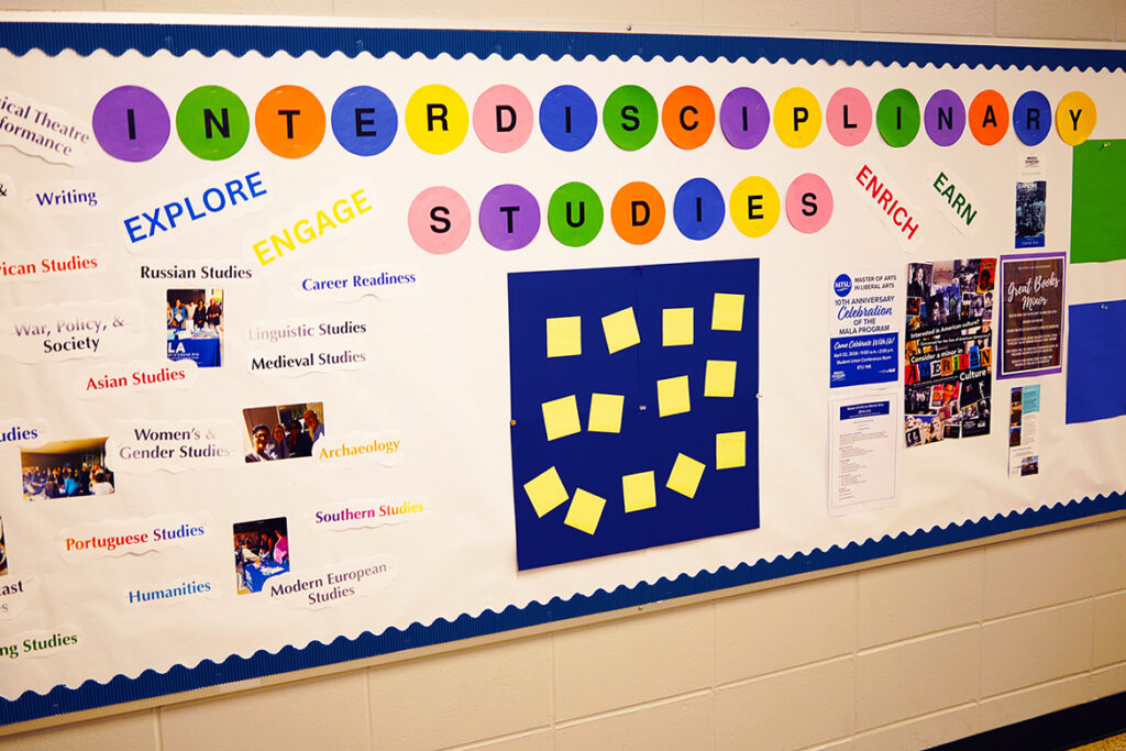 A bulletin board outside of the newly established Institute for Interdisciplinary Studies and Initiatives at Middle Tennessee State University in Murfreesboro, Tenn., promotes many of the different interdisciplinary minors and other opportunities that the institute supports. (MTSU Photo by Mike Davis)