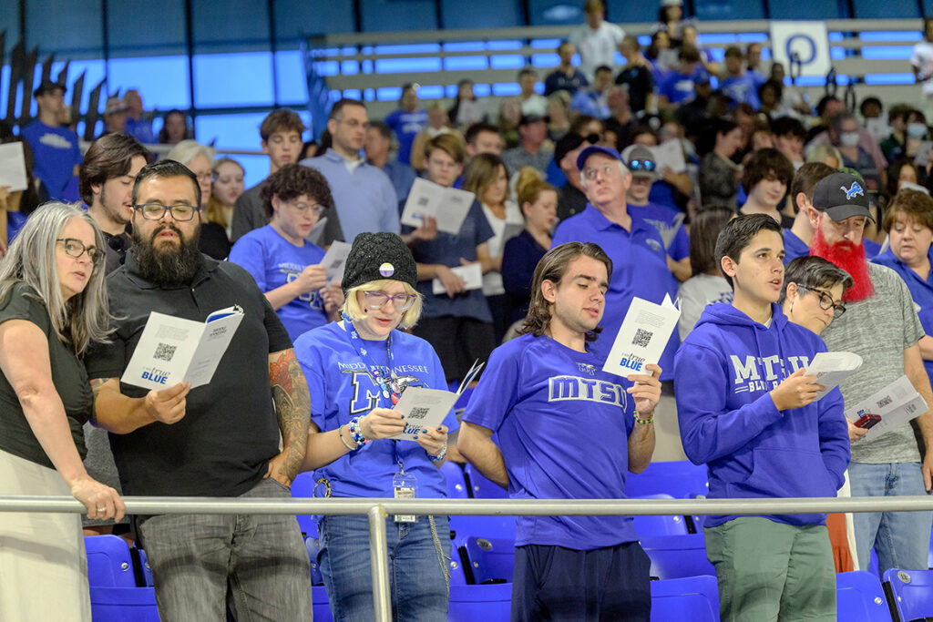 New Middle Tennessee State University students and family members recite the “True Blue Pledge” of core values during a previous university Convocation in Murphy Center on campus in Murfreesboro, Tenn. More than 5,000 people, including about 3,500 new students, are expected to attend this year’s Convocation, the official start of the MTSU academic year, at 4 p.m. Saturday, Aug. 22, in Murphy Center. (MTSU file photo by J. Intintoli)