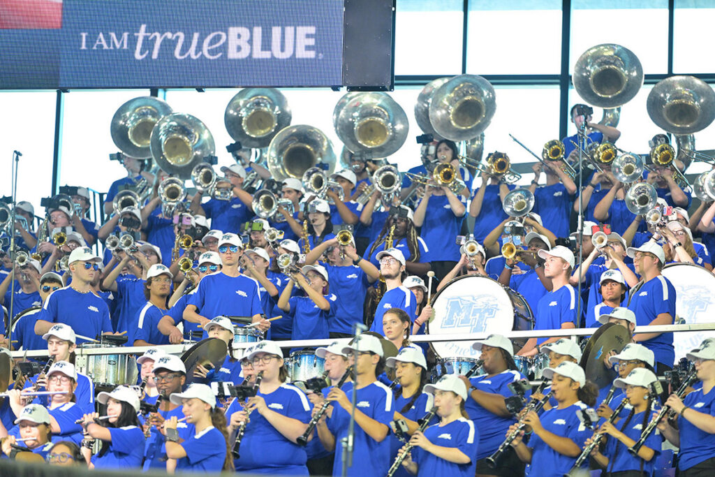 Middle Tennessee State University Student Band of Blue performs the university’s fight song at the 25th annual Convocation held Saturday, Aug. 22, in Murphy Center in Murfreesboro, Tenn. (MTSU photo by James Cessna)