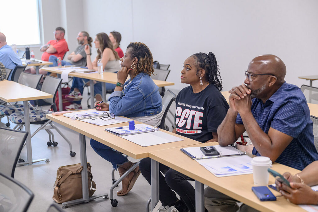 Tennessee Career and Technical Education teachers listen to a lecture as part of the Criminal Justice High School Educators Professional Development Workshop, held in June at Middle Tennessee State University in Murfreesboro, Tenn. Hosted by the Department of Criminal Justice, the workshop provided hands-on training for more than 40 high school Career and Technical Education, or CTE, instructors under the guidance of university faculty in partnership with the Murfreesboro Police Department. (MTSU photo by J. Intintoli)
