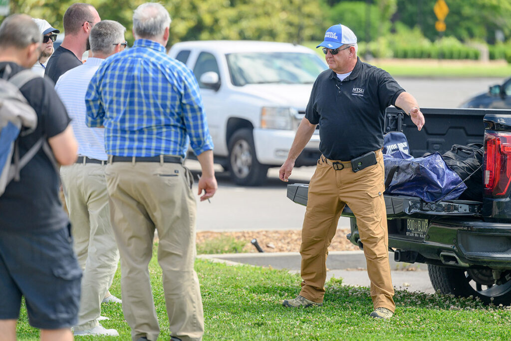James Abbott, at far right, a criminal justice lecturer at Middle Tennessee State University in Murfreesboro, Tenn., leads a session in crime scene investigation as part of the fourth annual Criminal Justice High School Educators Professional Development Workshop, held in June on campus for high school Career and Technical Education teachers from across Tennessee. (MTSU photo by J. Intintoli)