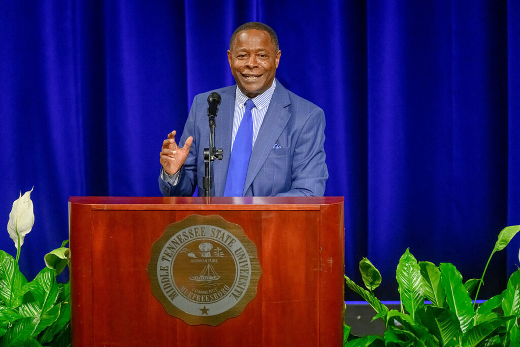 Middle Tennessee State University President Sidney A. McPhee delivers his final State of the University Address Thursday, Aug. 20, 2026, during the university’s annual Fall Faculty Meeting inside Tucker Theatre to kick off the 2026-27 academic year on the Murfreesboro, Tenn., campus. (MTSU photo by J. Intintoli)