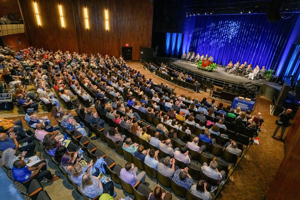 Middle Tennessee State University faculty and staff fill Tucker Theatre as university President Sidney A. McPhee delivers his final State of the University Address Thursday, Aug. 20, 2026, during the university’s annual Fall Faculty Meeting to kick off the 2026-27 academic year on the Murfreesboro, Tenn., campus. (MTSU photo by J. Intintoli)