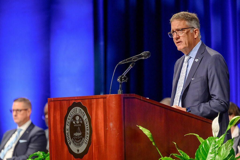 Middle Tennessee State University Provost Mark Byrnes addresses faculty and staff at the annual Fall Faculty Meeting on Thursday, Aug. 20, 2026, inside Tucker Theatre on campus in Murfreesboro, Tenn. (MTSU photo by Andy Heidt)