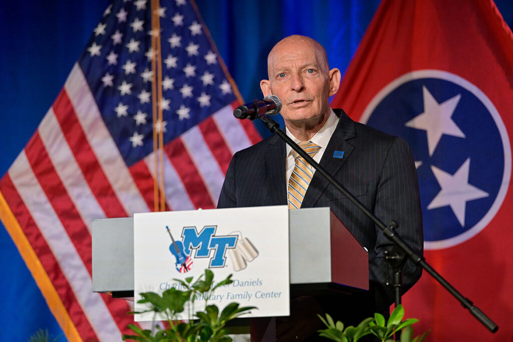 Retired Lt. General Keith Huber lauded President Sidney A. McPhee’s commitment to those who have served, which led to forming, and then renovating, The Charlie and Hazel Daniels Veterans and Military Family Center located on Middle Tennessee State University’s in Murfreesboro, Tenn. (MTSU Photo by Andy Heidt)
