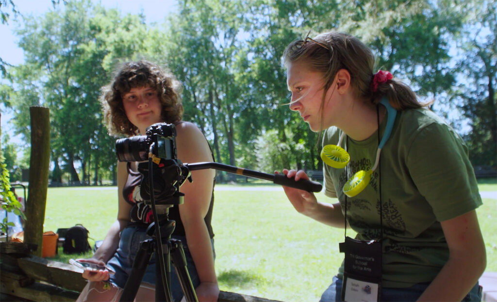 Tennessee Governor’s School for the Arts students Selah and Grace frame a shot for their short film production on a hot summer day in July 2022, on the campus of Middle Tennessee State University in Murfreesboro, Tenn. (Submitted photo)