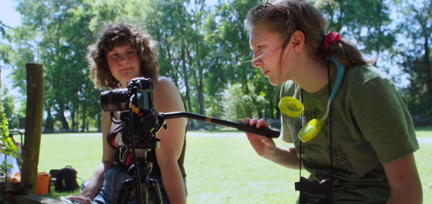 Tennessee Governor’s School for the Arts students Selah and Grace frame a shot for their short film production on a hot summer day in July 2022, on the campus of Middle Tennessee State University in Murfreesboro, Tenn. (Submitted photo)