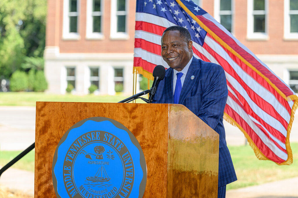 Middle Tennessee State University President Sidney A. McPhee welcomes more than 200 people to celebrate the grand reopening of the newly updated Kirksey Old Main building during a ribbon-cutting ceremony held Tuesday, Aug. 18, on campus in Murfreesboro, Tenn. (MTSU photo by Andy Heidt)
