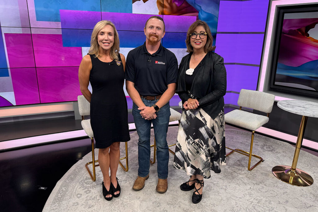 From left, Hilary Miller, director of the Charlie and Hazel Daniels Veterans and Military Family Center and veteran, adult learner and first-generation college graduate Dillon Matthews are shown on the WKRN-TV “Local on 2” set with host Syliva Castañeda during the Friday, Aug. 7, 2026, “MTSU on 2” segment from WKRN’s studio in Nashville, Tenn. (MTSU photo by Dustin Stout)