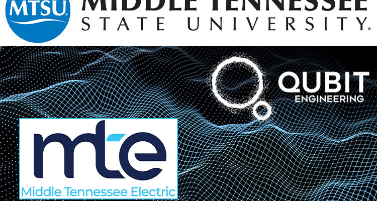 91����, Middle Tennessee Electric and Qubit Engineering logos overlayed on illustration of energy waves.