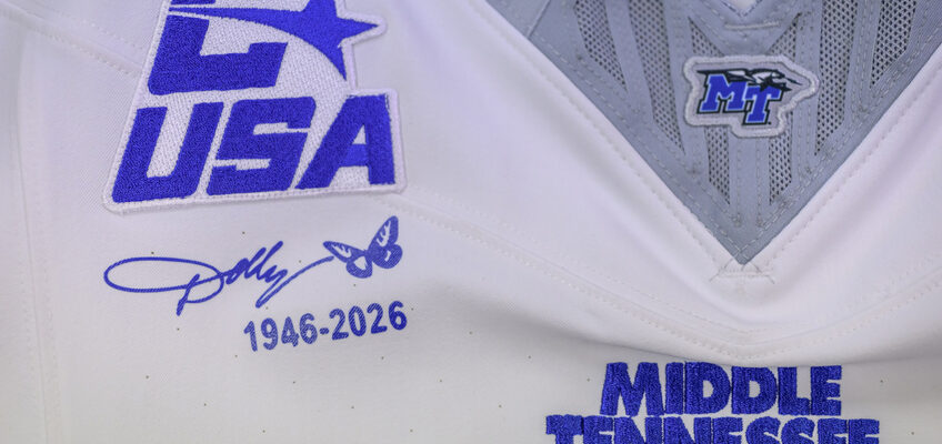 A detail shot of the jersey patch honoring late country music legend Dolly Parton that will be placed on the uniforms of the MTSU Blue Raiders football team for its season opener Sept. 5 at Floyd Stadium in Murfreesboro, Tenn. (MTSU photo by J. Intintoli)