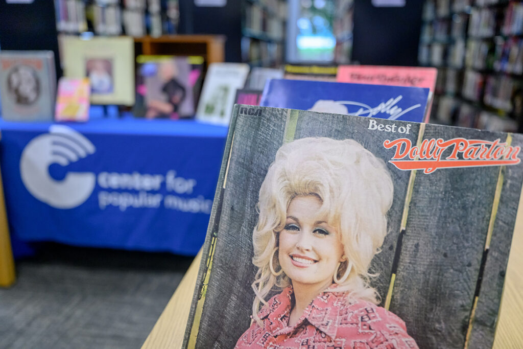 Albums and other artifacts from the career of late country music legend Dolly Parton are on display at Middle Tennessee State University’s Center for Popular Music, one of the world’s oldest and largest research centers devoted to the study of American popular music. MTSU unveiled a jersey patch design honoring Parton that will be placed on the uniforms of the MTSU Blue Raiders football team for its season opener Sept. 5 at Floyd Stadium in Murfreesboro, Tenn. (MTSU photo by J. Intintoli)