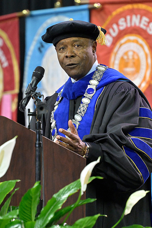 Middle Tennessee State University President Sidney A. McPhee addresses graduates at MTSU’s summer commencement ceremony on Saturday, Aug. 8, 2026, in Murphy Center. (MTSU photo by Andy Heidt)
