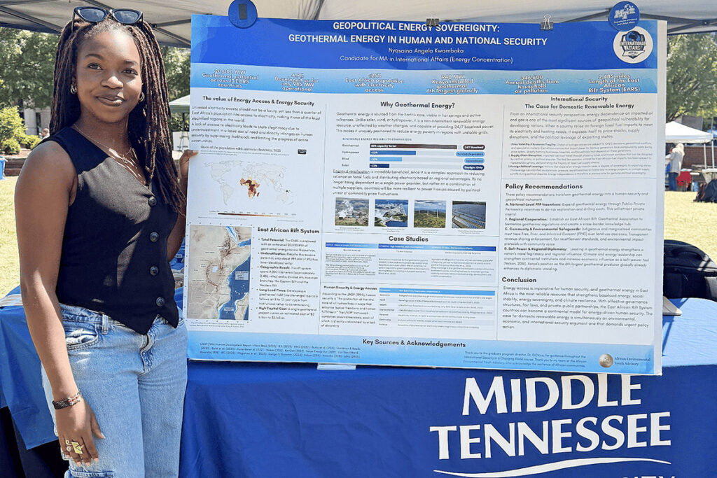Native Kenyan Nyasaina Kwamboka, who earned her Master of Arts in International Affairs from Middle Tennessee State University in Murfreesboro, Tenn., on Saturday, Aug. 8, stands by her research poster at the 2026 Earth Day celebration on campus. As a graduate assistant in the Department of Political and Global Affairs, she conducted research on geothermal energy and human security, collaborated with faculty members across disciplines and continued leading the nonprofit organization she founded before arriving at MTSU. (Submitted photo)